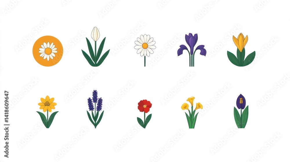 Fototapeta premium Spring flowers icons; design elements; white background; website, app