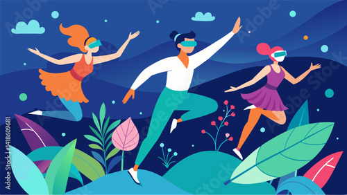 Dancers gracefully move through a virtual garden blending traditional dance styles with modern technology.. Vector illustration