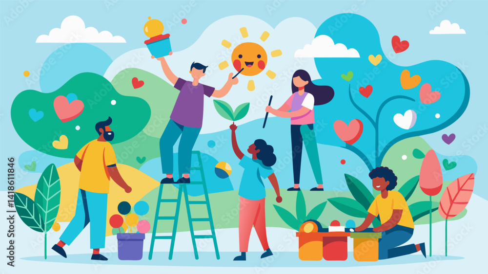 A group of artists donating their time and talent to paint a mural for a childrens hospital brightening up the walls with colorful and whimsical. Vector illustration