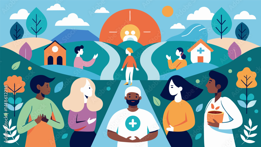 A group mural created by participants in an art therapy program each person adding their own unique piece to the mural representing their individual. Vector illustration