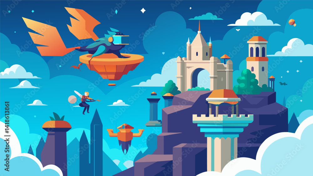 A VR journey through a lost city in the sky with stunning floating architecture and mythical creatures flying in the clouds.. Vector illustration