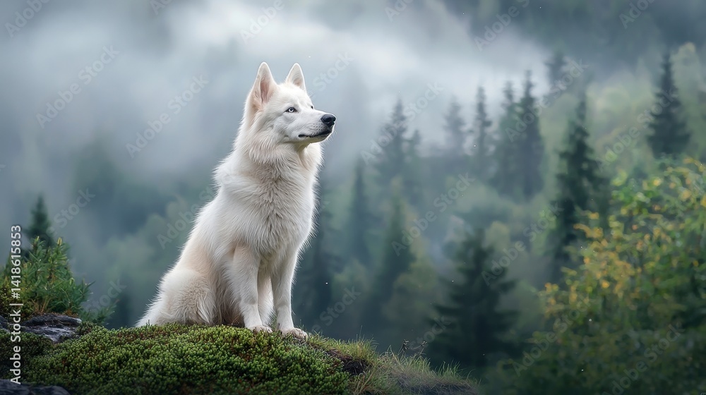 Obraz premium Majestic White Dog Sitting in Misty Forest Landscape