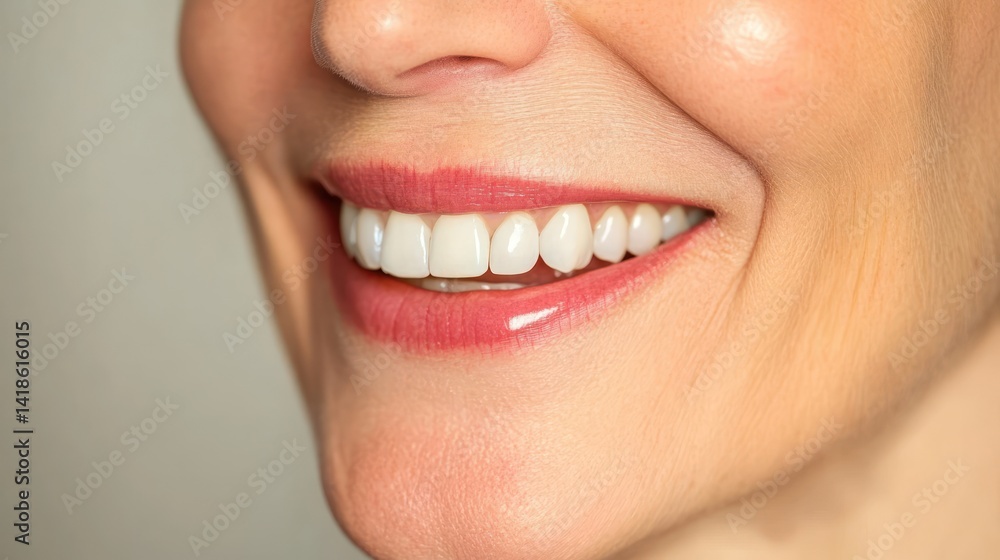 Fototapeta premium Close-up smiling woman's perfect teeth, studio backdrop, dental ad
