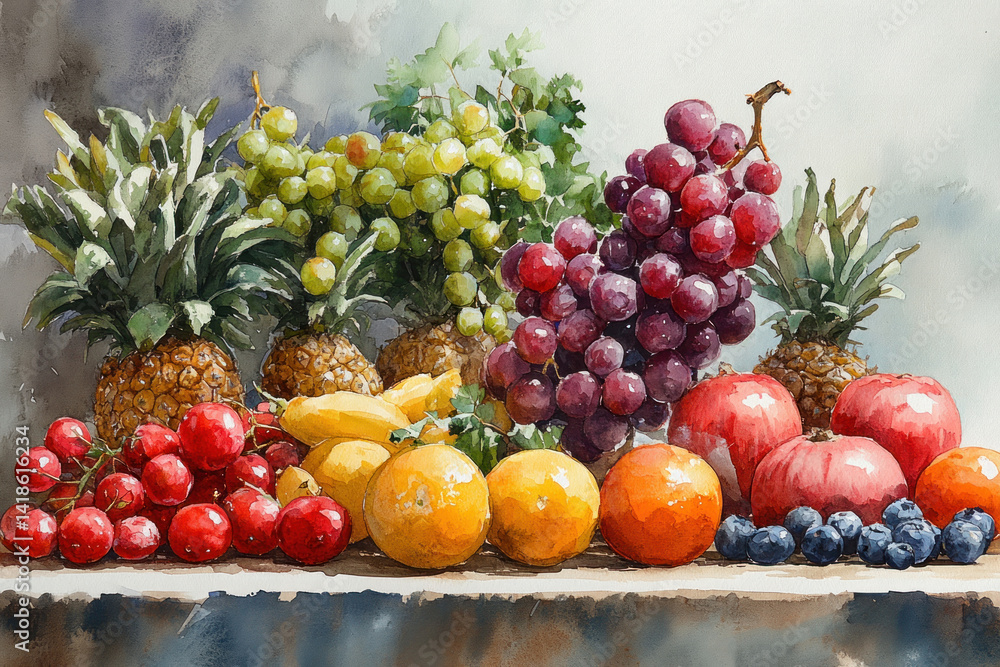 Watercolor illustration of a still life of fresh fruits on a wooden surface. The composition includes pineapples, grapes (green and red), pomegranates, oranges, bananas, cherries and blueberries.