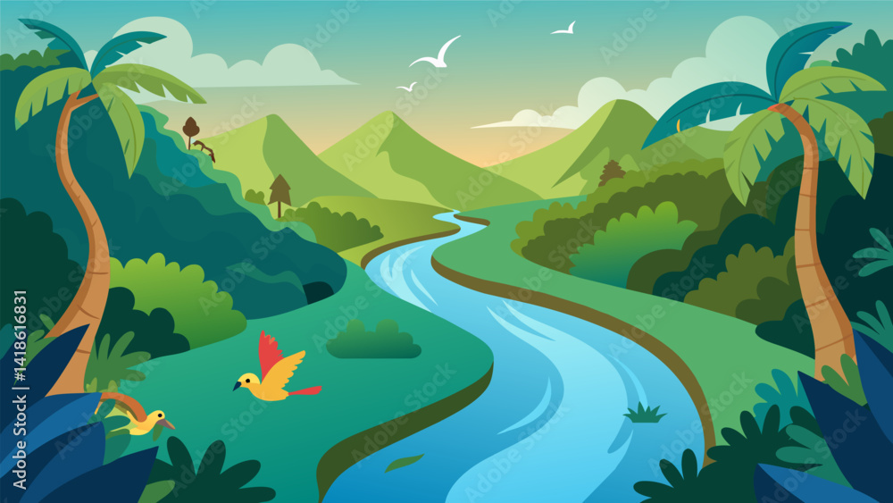 Navigate through a narrow and winding river in a virtual rainforest the sounds of exotic birds and animals adding to the virtual experience.. Vector illustration
