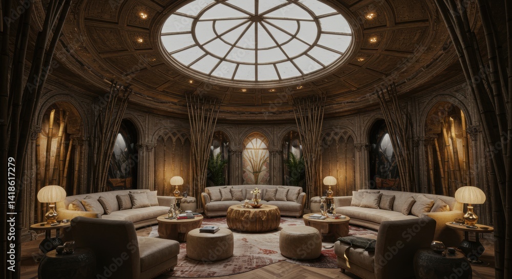Obraz premium Modern Round Room Interior Design with Wooden Furniture