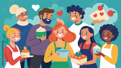 A cheerful community gathering sharing a love for baking and giving back to those in need.. Vector illustration