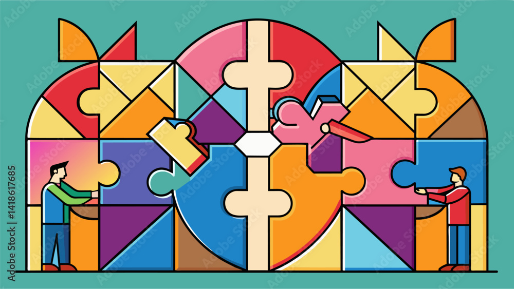 Fragile stained glass pieces being expertly pieced back together like a puzzle bringing back the churchs colorful charm.. Vector illustration