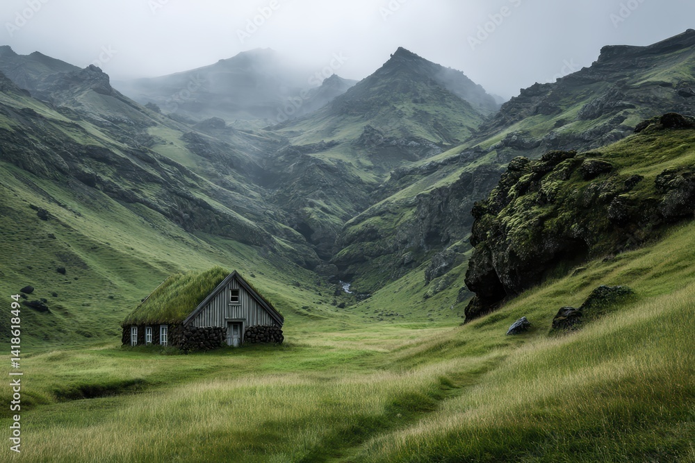 Obraz premium Scenic Icelandic Turf-Roofed Cottage Nestled in Lush Green Hills under Cloudy Skies