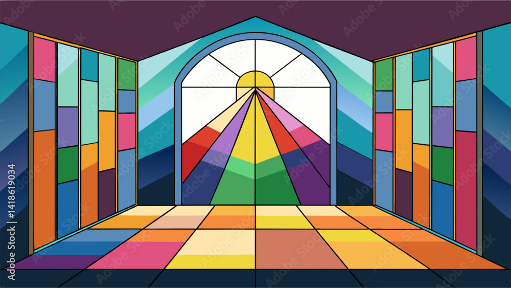A stained glass partition in a yoga studio filtering the sunlight into a spectrum of colors to create a serene and energizing environment.. Vector illustration