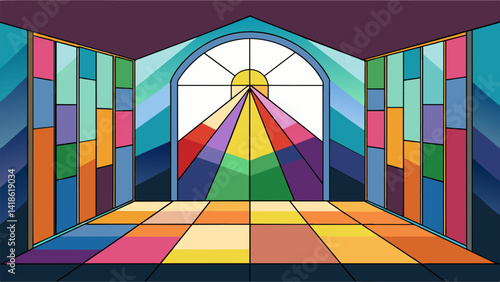 Obraz na płótnie A stained glass partition in a yoga studio filtering the sunlight into a spectrum of colors to create a serene and energizing environment.. Vector illustration w salonie