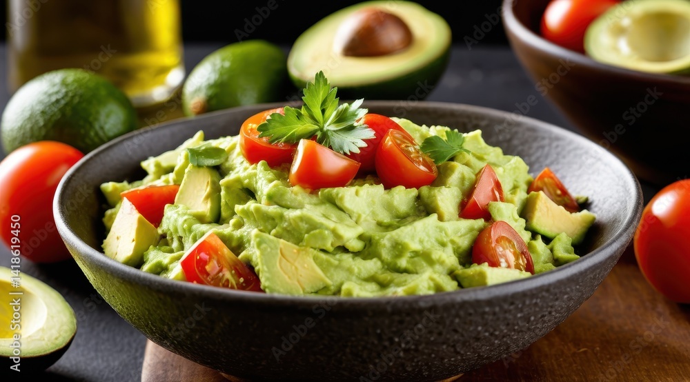 A fresh bowl of creamy guacamole topped with vibrant cherry tomatoes and cilantro, surrounded by ripe avocados and tomatoes A fresh bowl of creamy guacamole topped with vibrant cherry tomatoes and cilantro, surrounded by ripe avocados and tomatoes