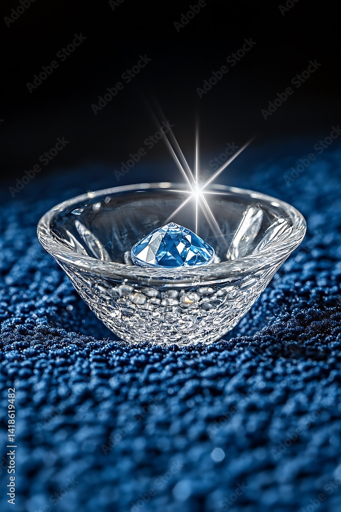 Exquisite blue crystal in glass bowl atop shimmering velvet texture