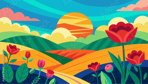 A sonnet inspired by the vibrant hues of a blooming field a portrayal of the beauty that surrounds us.. Vector illustration