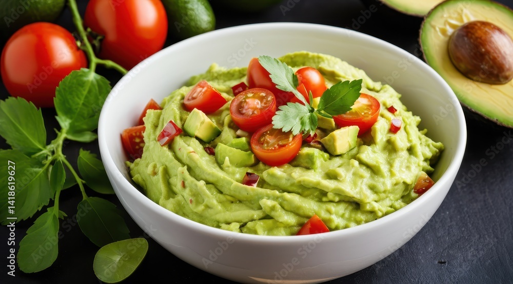 A fresh bowl of creamy guacamole topped with vibrant cherry tomatoes and cilantro, surrounded by ripe avocados and tomatoes A fresh bowl of creamy guacamole topped with vibrant cherry tomatoes and cilantro, surrounded by ripe avocados and tomatoes