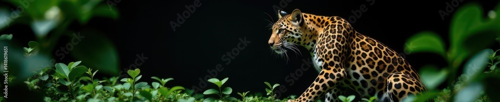 Naklejka premium Sleek leopard, lush green foliage, black backdrop, black background, foliage, background