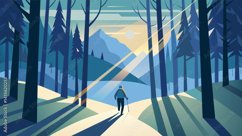 Skiing through a thick forest of virtual trees the sunlight peeking through the branches and creating a magical atmosphere.. Vector illustration