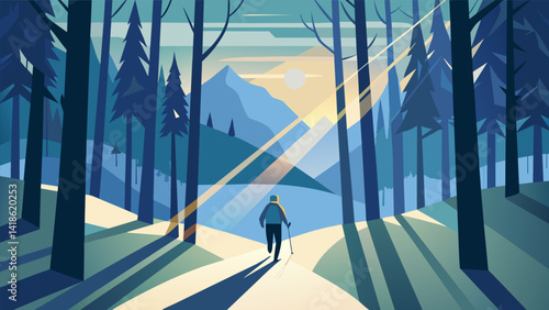 Obraz na płótnie Skiing through a thick forest of virtual trees the sunlight peeking through the branches and creating a magical atmosphere.. Vector illustration w salonie
