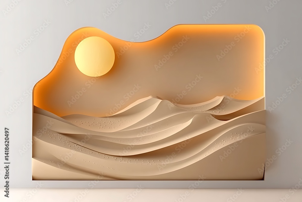 Minimalist Desert Landscape Panel with Dunes and Glowing Sun Object Art