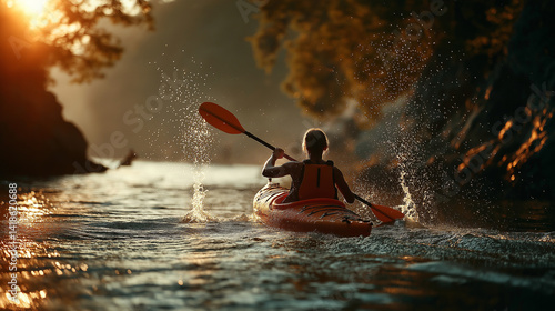 A person kayaking on calm waters