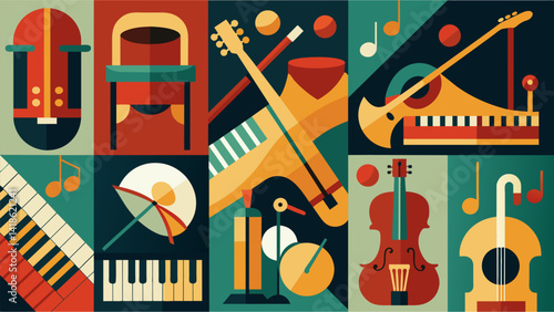 Obraz na płótnie A photo collage featuring closeup images of different types of instruments highlighting the unique textures and shapes that produce music in a concert. Vector illustration w salonie