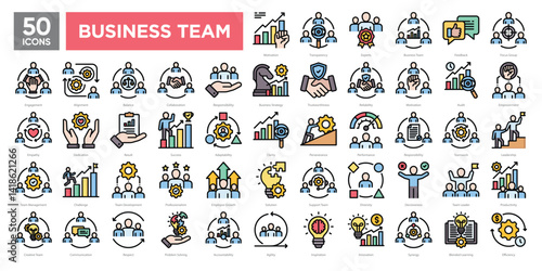 Business team icons collection set, including leadership, collaboration, motivation, and team development. Ideal for corporate presentations, HR materials, and business strategy visuals.