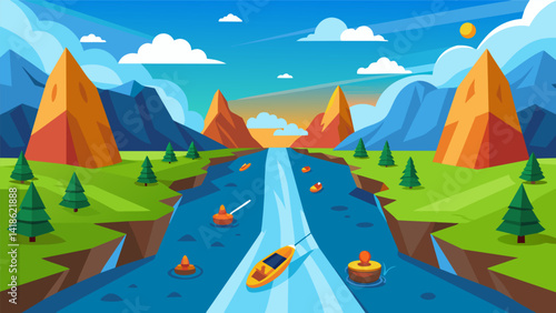 A virtual kayaking race where you must navigate treacherous rapids and dodge virtual logs and boulders.. Vector illustration