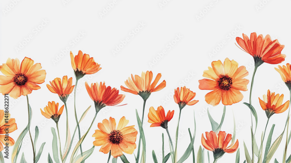 Fototapeta premium Elegant wedding invitation card background . Minimal hand painted watercolor Gerbera flowers texture template background. Design for wedding, vip cover, poster, rsvp moderncard.Valentine's Day