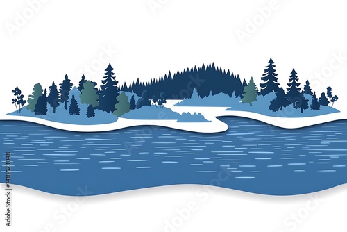 Obraz na płótnie Stylized Vector Illustration of a Forest Landscape with Water Reflection w salonie