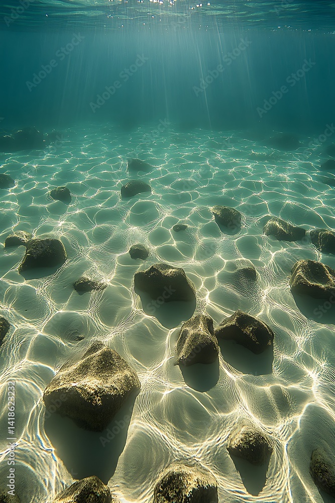 Sunlight filtering through turquoise water illuminating the seabed floor
