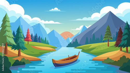 A serene canoe ride along a calm river surrounded by beautiful scenery and the soothing sound of water trickling.. Vector illustration