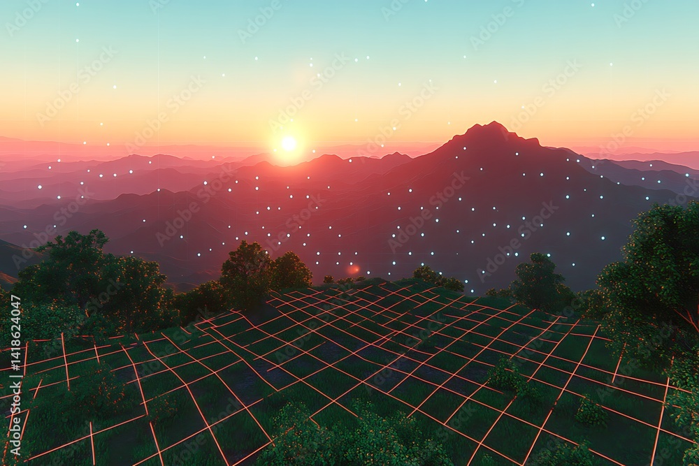 Surreal Mountain Landscape with Futuristic Grid and Glowing Particles