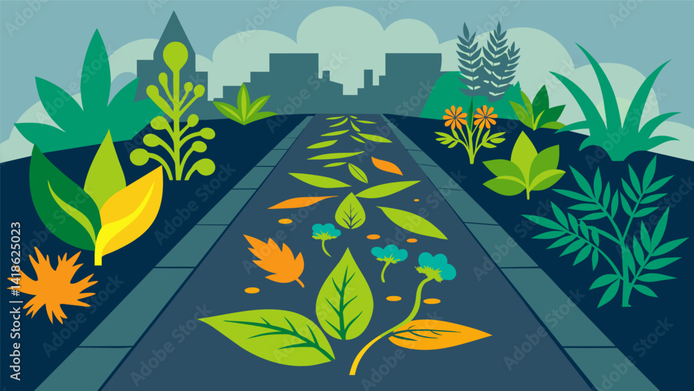 A street art installation using stencils of herbal illustrations spraypainted onto sidewalks and walls creating a colorful and informative walking. Vector illustration