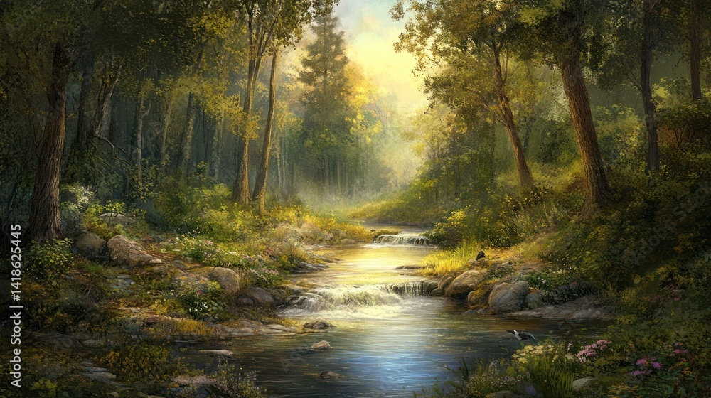 Enchanting woodland stream artwork with dappled sunlight and lush vegetation scenery Enchanting woodland stream artwork with dappled sunlight and lush vegetation scenery
