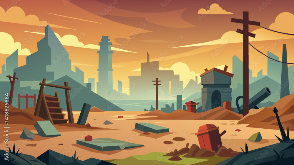 A postapocalyptic wasteland filled with debris and obstacles that challengers must power walk through.. Vector illustration