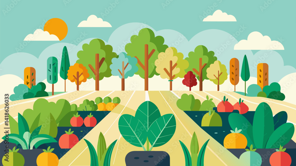 A diverse array of crops grow alongside each other on a small farm utilizing companion planting techniques to promote sustainability and maximize the. Vector illustration