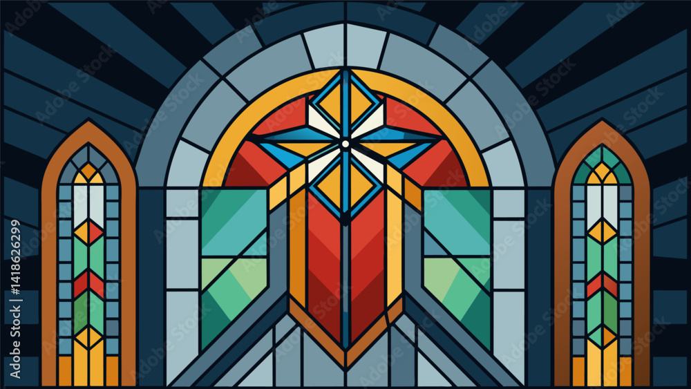 An aerial shot of the stained glass window installation highlighting the size and grandeur of the design from a unique perspective.. Vector illustration