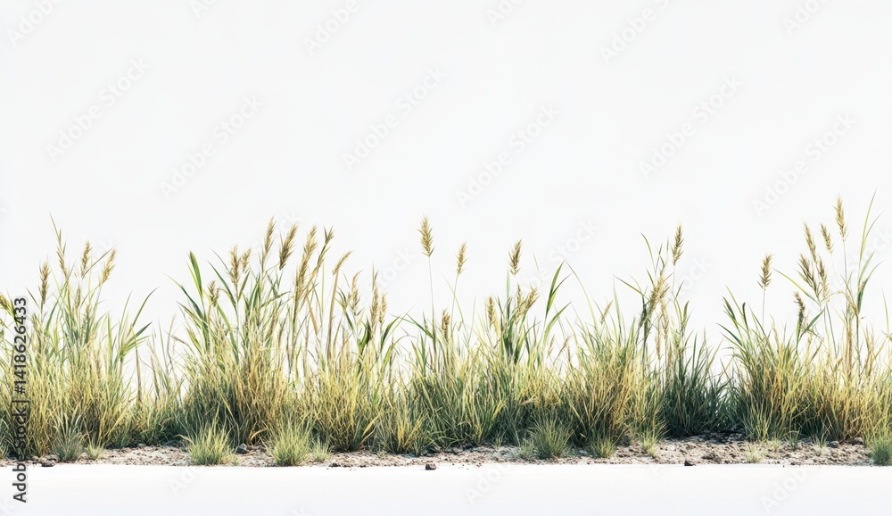 Fototapeta premium Lush Green Grasses and Wild Plants Against a Bright White Background