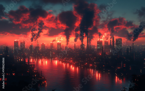 Futuristic city with industrial smoke and pollution during sunset

