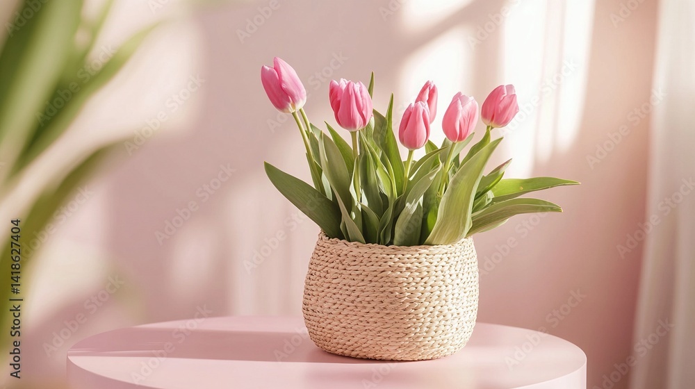 Obraz premium Beautiful spring tulip bouquet in a woven basket on a pastel pink table with natural daylight creating a warm and cozy atmosphere