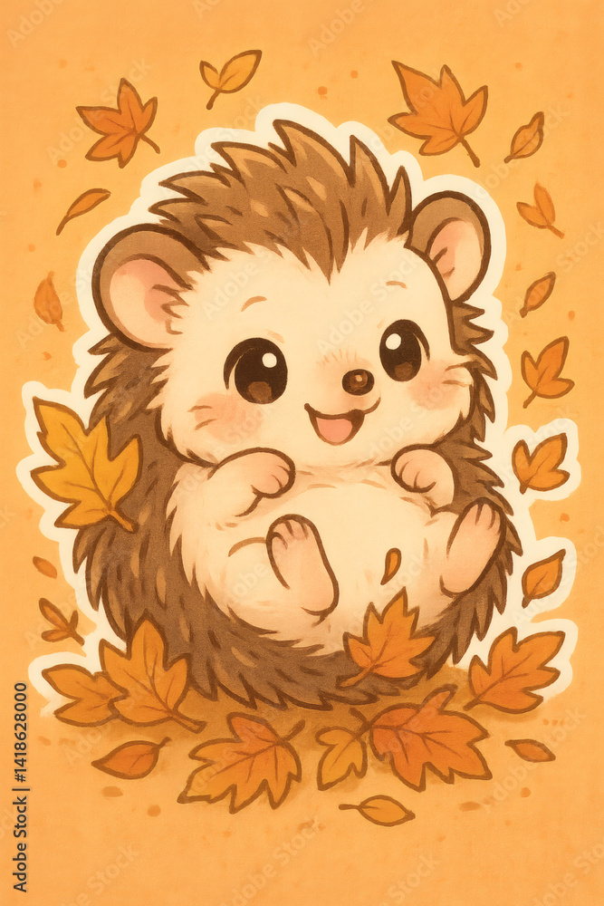 Charming cartoon hedgehog in a playful pose, surrounded by fall leaves. A whimsical illustration bursting with seasonal joy. Charming cartoon hedgehog in a playful pose, surrounded by fall leaves. A whimsical illustration bursting with seasonal joy.
