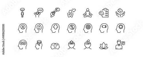 Set of icons for Mental Health. Editable stroke. Vector illustration	