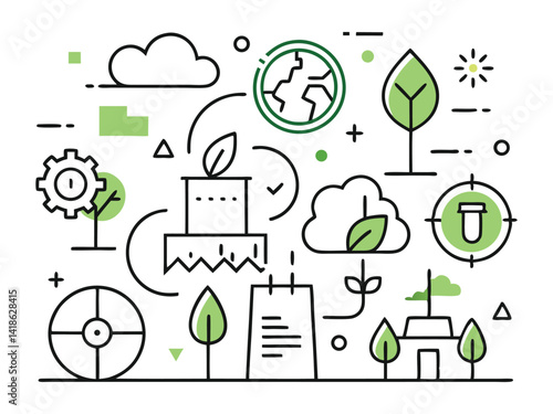 Green Technology: A visually stimulating line art illustration showcasing sustainable innovation, featuring symbols of eco-friendly practices, renewable energy, and environmental protection.