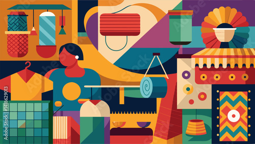 A textile collage incorporating different types of fabric and stitching techniques to represent the diverse sounds of a bustling street market.. Vector illustration