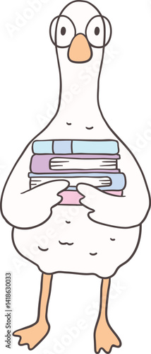 Reading Goose Clipart Cartoon Playful Hand Drawn Goose with Books and Glasses