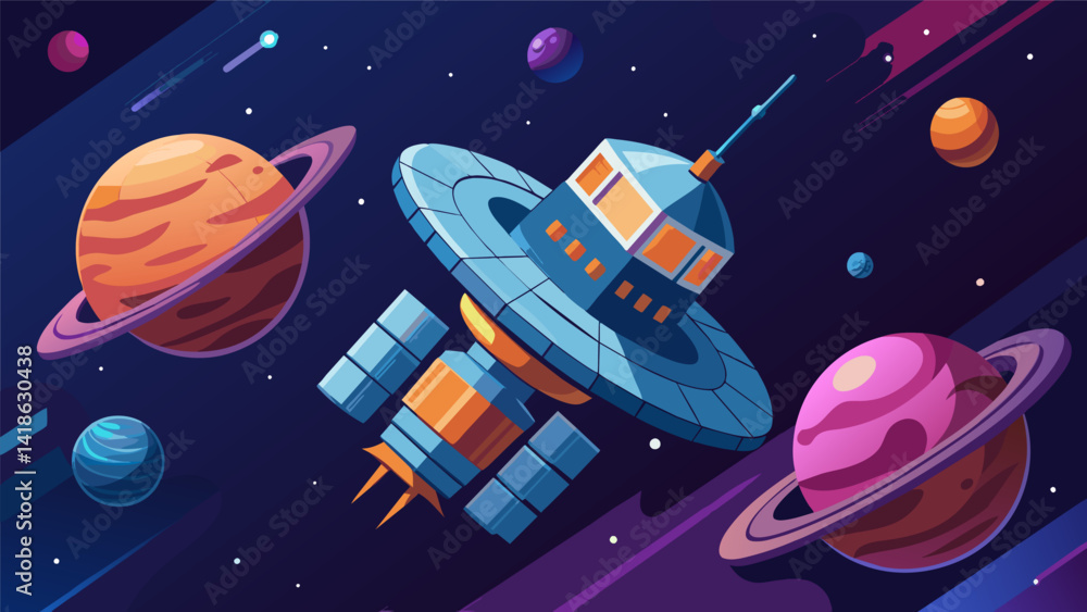 A space station floating in deep space allowing you to explore and create art in a weightless stressfree environment and tap into your creativity. Vector illustration