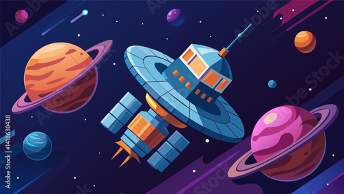 Obraz na płótnie A space station floating in deep space allowing you to explore and create art in a weightless stressfree environment and tap into your creativity. Vector illustration w salonie