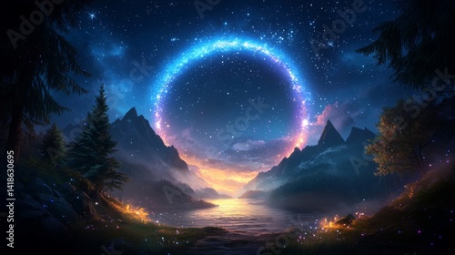 Enchanted twilight landscape with starry portal over water