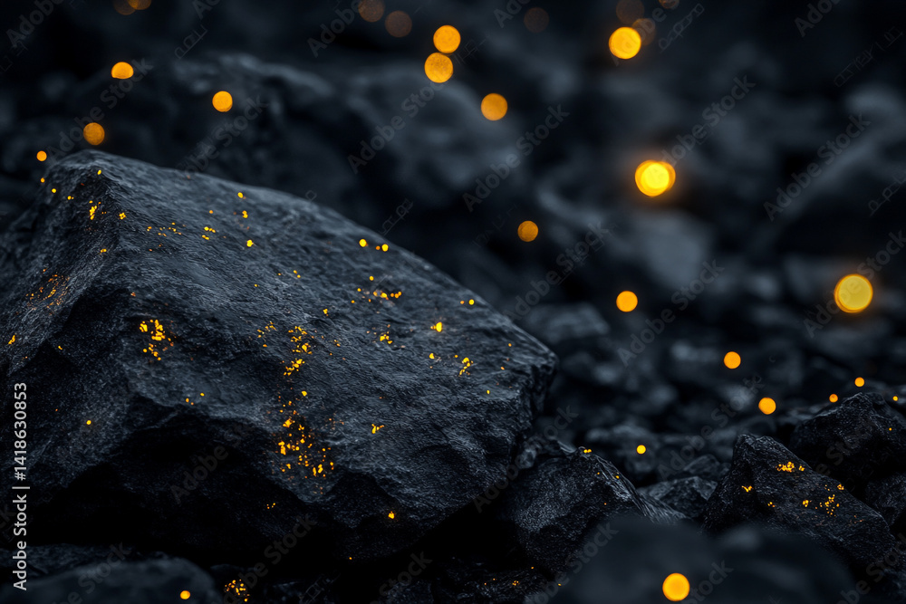 Mysterious dark stone illuminated by enchanting yellow light on a shadowy background Mysterious dark stone illuminated by enchanting yellow light on a shadowy background