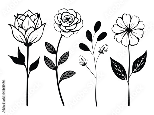 Monochrome floral elegance: Delicately drawn flowers bloom with intricate detail, their graceful lines and forms offering a serene aesthetic. The minimalist approach brings out their natural beauty. 